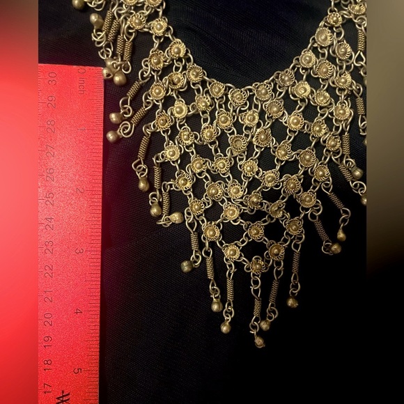 Vintage Brass Filigree Rosette Bib Necklace w/ Tiny Dangling Bells. - Picture 8 of 8
